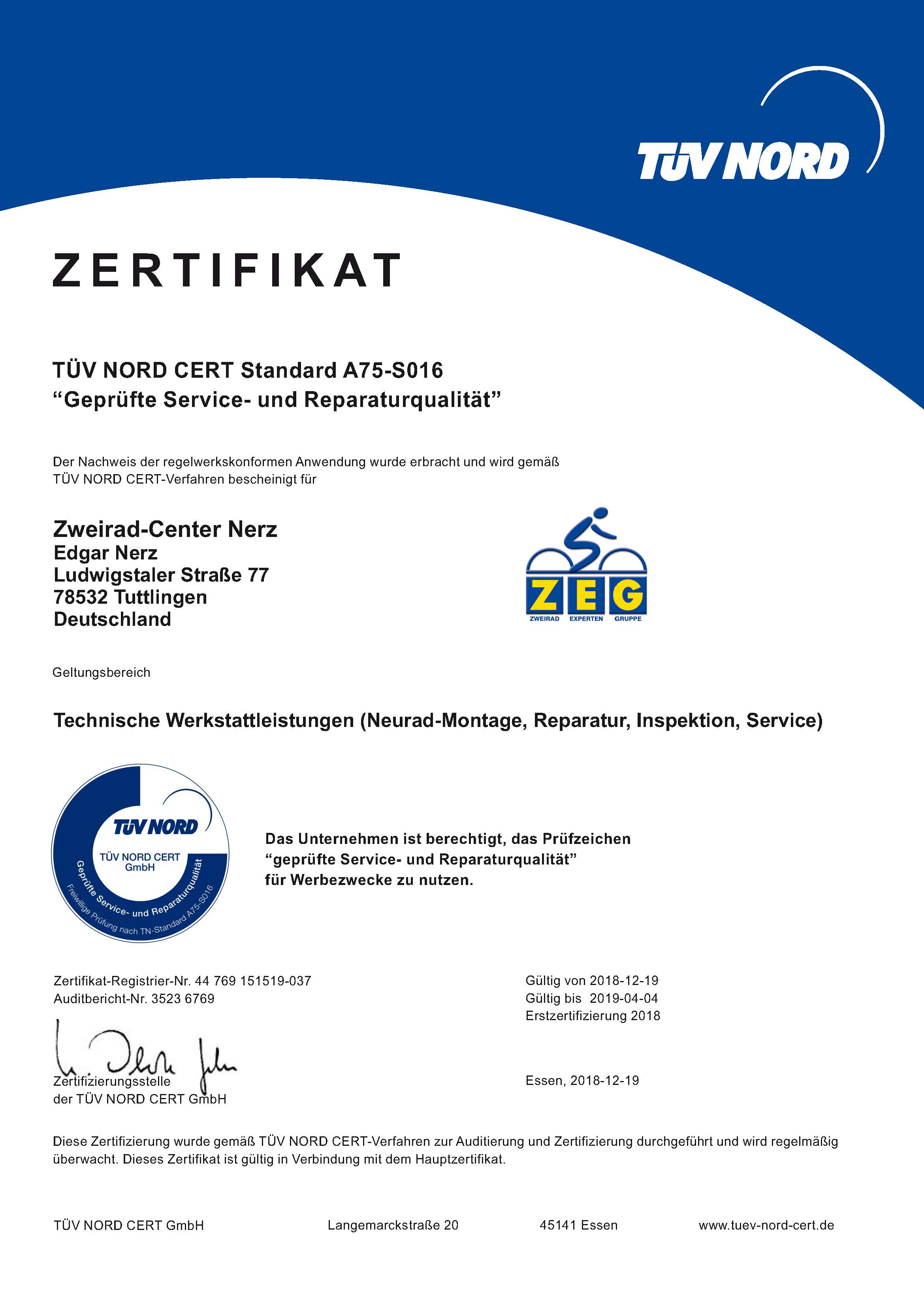 Zertifikat - Zertifizierte Qualitätswerkstatt - TÜV NORD und ZEG