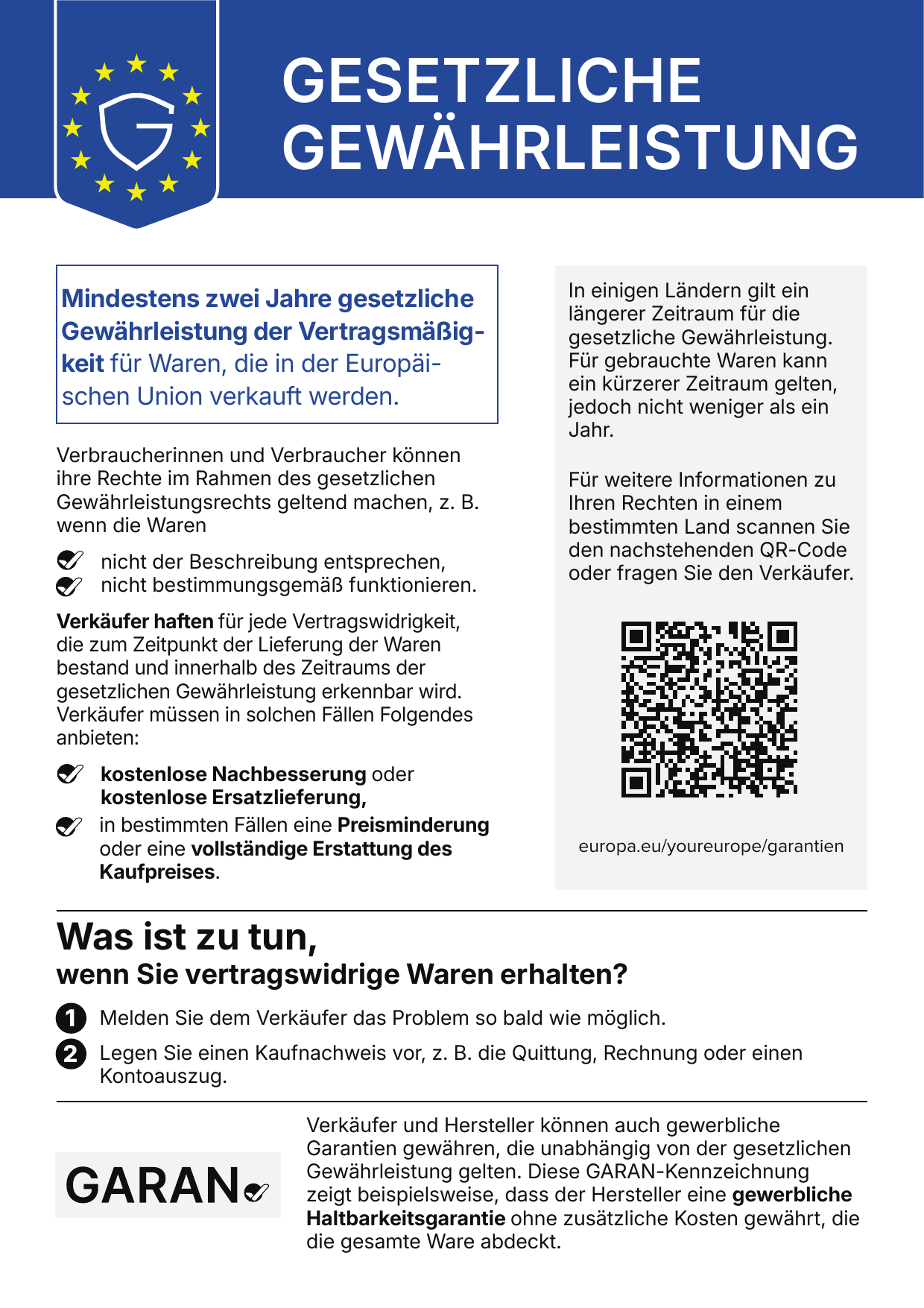 EU-Hinweis: mindestens zwei Jahre gesetzliche Gewährleistung, kostenlose Abhilfe bei Mängeln; freiwillige Herstellergarantien bestehen zusätzlich.